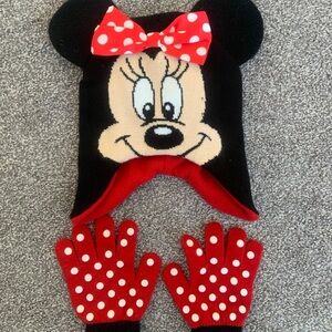 Disney Minnie Mouse Black Hat with Red Polka Dot Bow and Gloves